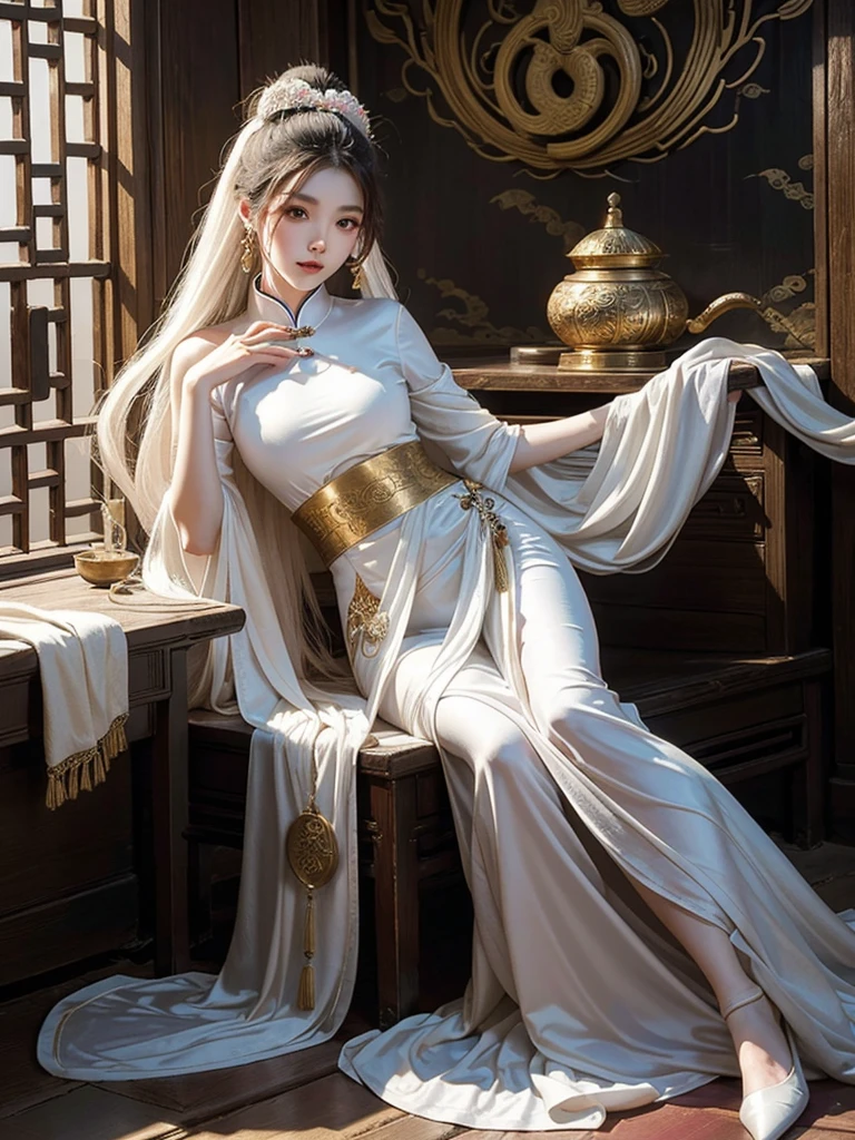 High quality, half body, inside an ancient Chinese building, a Chinese woman, her hair turns into countless slender white snakes, like an Eastern version of Medusa, with a beautiful face, pale complexion, and shy expression, she is wearing silk in ancient China Traditional costumes, gorgeous and noble, high quality.