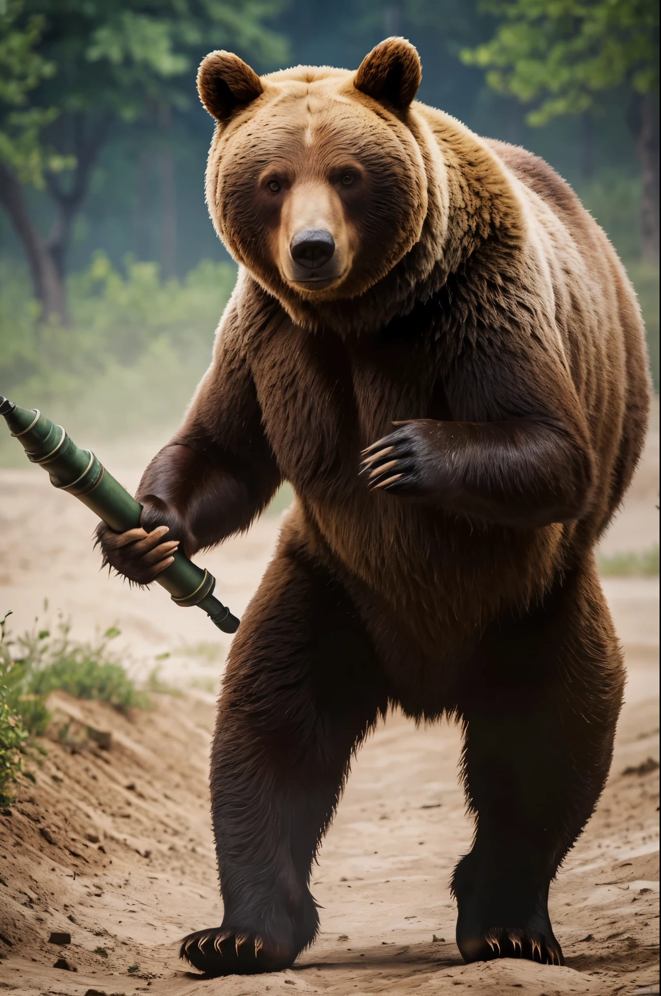 A bear named Wojtek carrying artillery shells. (best quality, highres:1.2), ultra-detailed, realistic:1.37, vivid colors
