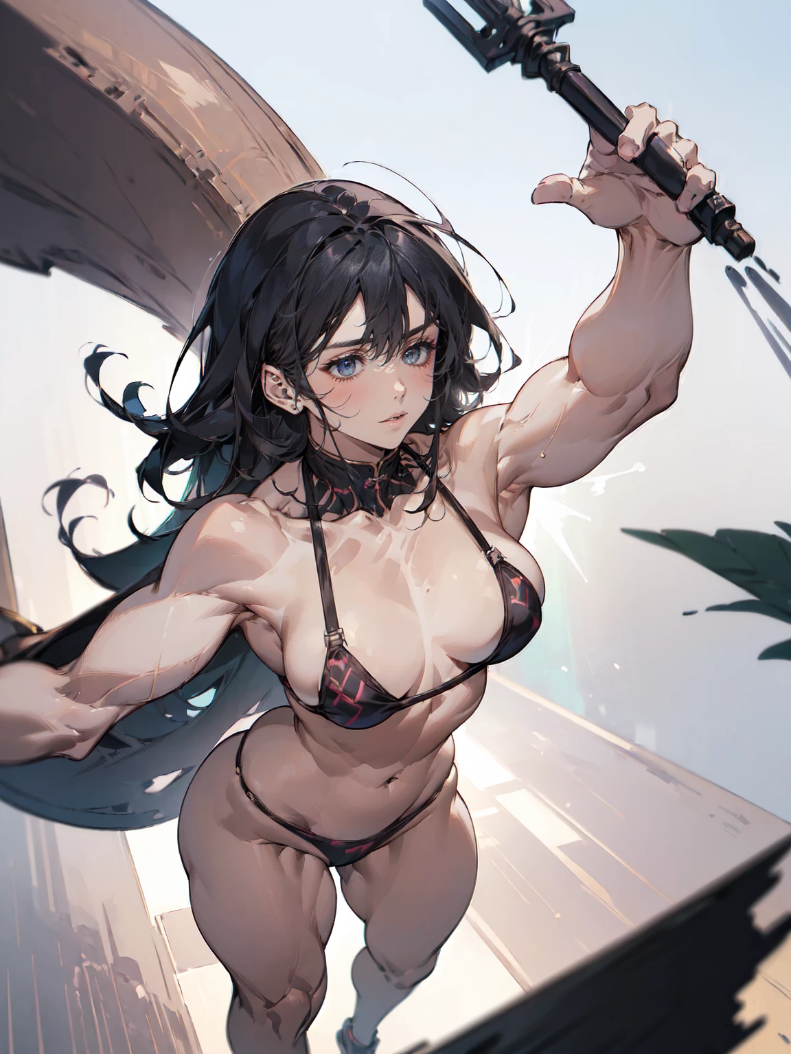 ((Small , Small breastschest:1.5)), 黒いSportsブラ,woman wearing, Sturdy body:1.5, Broad shoulders, (((Pectoralis major))), inverted triangle body shape, Dynamic Pose, ((skindantation)), Training, (8k, masterpiece, highest quality, Highest Quality, Ultra-high resolution, Detailed drawing, Realistic skin texture:1.5, detailed female skin), Fitnessジム, Thick legs, Sports, Posing, Micro Bikini, ((Fitness, Large woman, Thick arms)), Long Hair, Black Hair, break, ((Dynamic Angle, Micro Bikini)), Resort Background, Bikini Armor