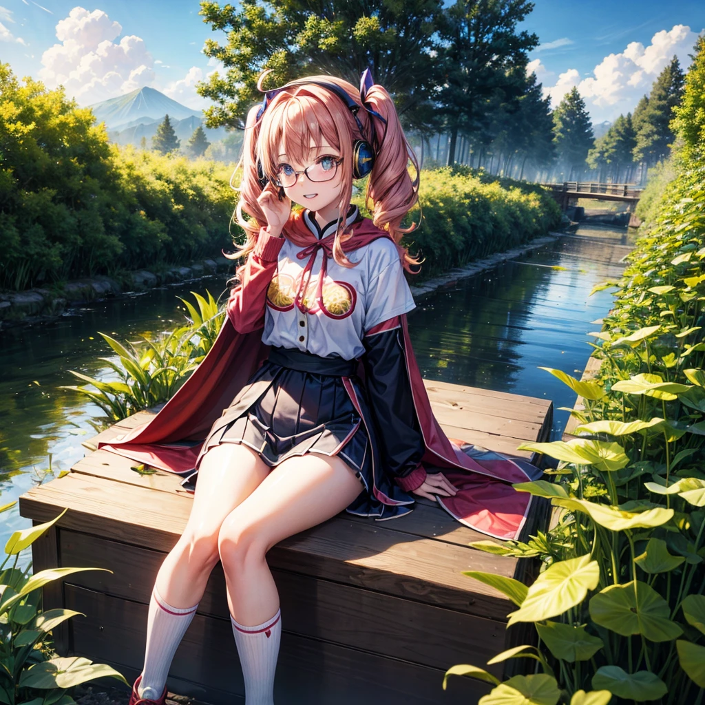 Pink gold golden hair、Golden Eyes、One good looking girl、Twin tails、solo、anime、Checkered mini skirt、The skirt has buttons、Red T-shirt、China、Cape、Black knee-high socks、Wearing headphones、Wearing a ribbon、Ribbon on waist、Tilting face、Teeth are visible、Sunset sky、Water Mountain、Piercing the clouds、Contrail、Glasses、tree、Sitting、Touching your face、lotus leaves、canal、Cumulonimbus