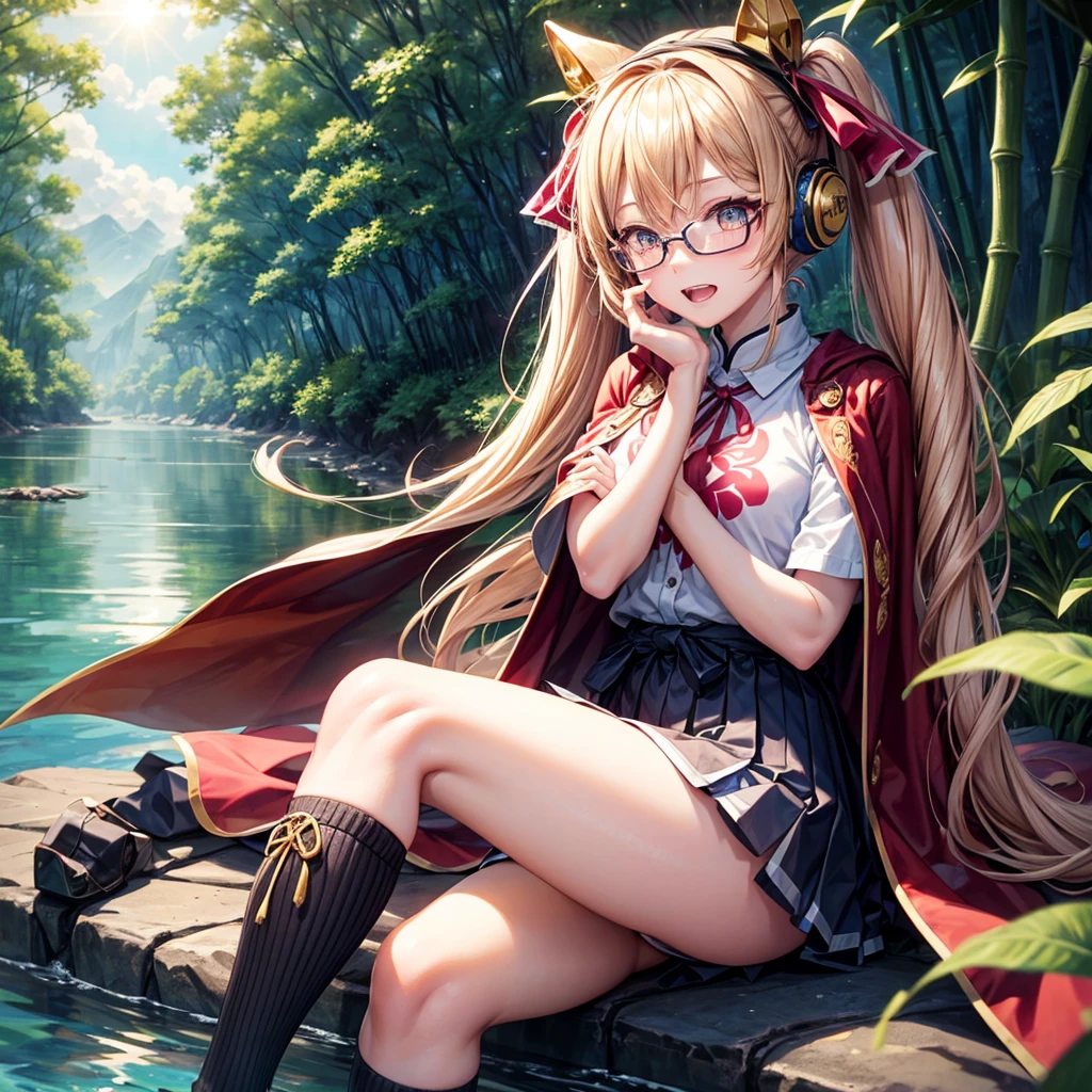 Pink Blue Gold Golden Hair、Golden Eyes、One good looking girl、Twin tails、solo、anime、Checkered mini skirt、The skirt has buttons、Red T-shirt、China、Cape、Black knee-high socks、Wearing headphones、Wearing a ribbon、Ribbon on waist、Tilting face、Teeth are visible、Sunset sky、Water Mountain、Piercing the clouds、Contrail、Glasses、tree、Sitting、Touching your face、lotus leaves、canal、Cumulonimbus、bamboo forest、Facing each other