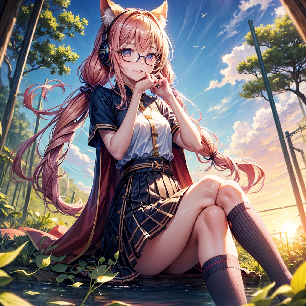 Pink Blue Gold Golden Hair、Golden Eyes、One good looking girl、Twin tails、solo、anime、Checkered mini skirt、The skirt has buttons、Red T-shirt、China、Cape、Black knee-high socks、Wearing headphones、Wearing a ribbon、Ribbon on waist、Tilting face、Teeth are visible、Sunset sky、Water Mountain、Piercing the clouds、Contrail、Glasses、tree、Sitting、Touching your face、lotus leaves、canal、Cumulonimbus、bamboo forest、Facing each other