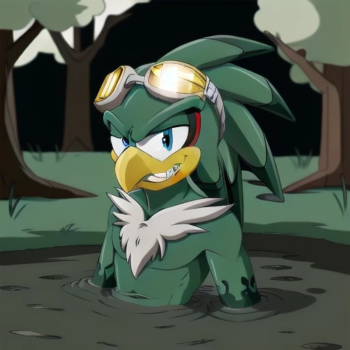 jetthehawk, furry male anthro, bird boy, portrait, solo, (best quality), (detailed fluffy feathers:1.1), goggles, muscular, grin, partially submerged, forest, mud, brown mud, anime, shaded