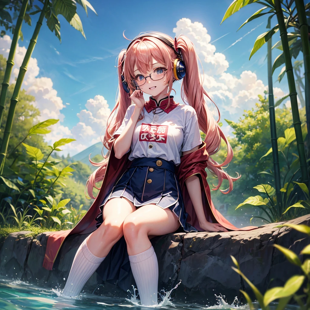 Pink Blue Gold Golden Hair、Golden Eyes、One good looking girl、Twin tails、solo、anime、Checkered mini skirt、The skirt has buttons、Red T-shirt、China、Cape、Black knee-high socks、Wearing headphones、Wearing a ribbon、Ribbon on waist、Tilting face、Teeth are visible、Sunset sky、Water Mountain、Piercing the clouds、Contrail、Glasses、tree、Sitting、Touching your face、lotus leaves、canal、Cumulonimbus、bamboo forest、Facing each other