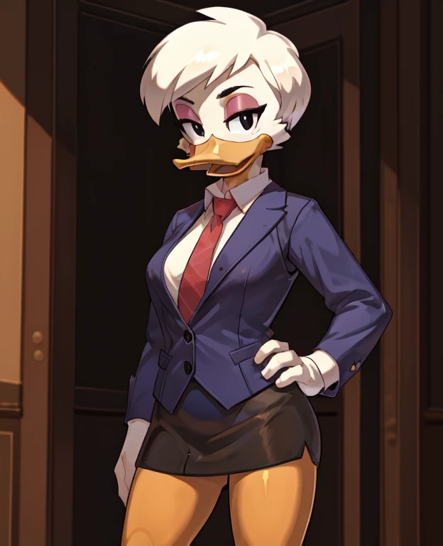 (ducktales:1.2) (ducktales:1.2) (by kyurisawa:1.2) (by chelodoy:1) (by ashraely:1) BREAK daisy duck, beak, white skin, white body, white hair, short hair, female, breasts, orange legs,  clothed, clothing, mouth closed, eyeliner, pink eyeshadow, black eyebrows, black eyes, inside, mansion, night (tired:1.3) looking at viewer, skirt suit, (((three-piece suit))), (((necktie))), blazer, (((suit jacket))), (((suit shirt))), (((dress shirt))), (((waistcoat))), double-breasted waistcoat, bodycon miniskirt, pencil skirt, hand on hip, open mouth, tongue, spread legs, lace panties, bottom view