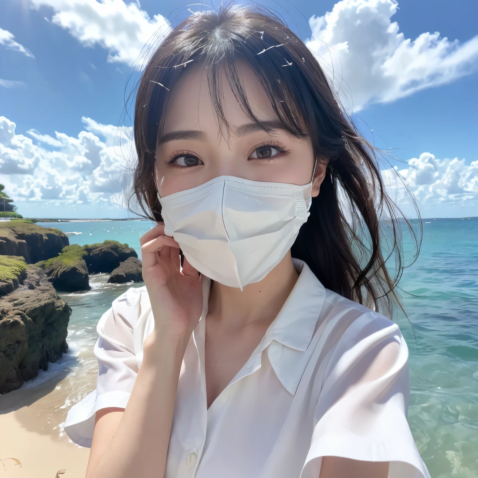 ((highest quality、Tabletop、8k、Best image quality、Award-winning works、Ultra-high resolution))、(A big smile showing beautiful white teeth:1.1)、(Beautiful beaches:1.1)、(Perfect white polyester collared short sleeve shirt:1.1)、(Perfect high  white shirt made of polyester:1.1)、(High ribbon that fits perfectly around the chest:1.1)、The most natural and perfect sea background、最も澄んだBeautiful sea、(front closeup:1.3)、Black brown hair、Hair swaying in the wind、Sandy Beach、Beautiful sea、(鮮やかで澄んだBeautiful sea:1.1)、The clearest and most shining sea、Complex sea glow、The most detailed and realistic ocean、Beautiful seaの詳細が描かれています、(Very bright and radiant skin:1.1)、(Ultra-high resolutionの完璧な美しい歯:1.1)、Ultra-high resolutionヘア、Ultra-high resolutionのキラキラ瞳、(Ultra-high resolutionで輝く純白の肌:1.1)、Ultra-high resolutionの艶やかな唇、(A very bright and shining face:1.1)、(very bright and vivid:1.1)、(Very refreshing:1.1)、(Radiant whiteness and beautiful skin:1.1)、(Very bright white shirt:1.1)、(Very bright and radiant skin:1.1)、Blurred Background、(Face covered with a large amount of semen:1.5)、(Close up of a cum covered face:1.5)、(完璧にバランスが取れたUltra-high resolutionの美しい顔:1.1)