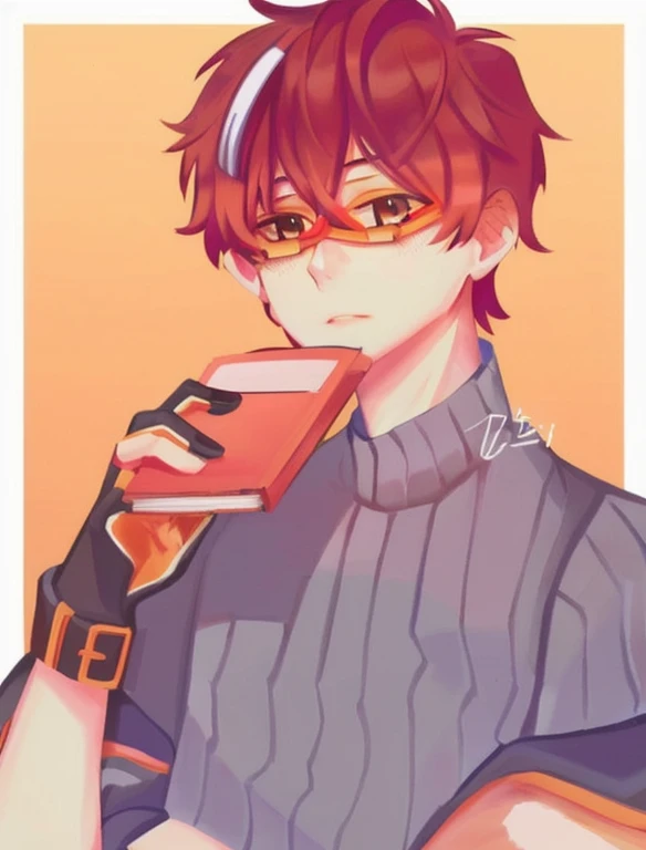 Handsome boy with glasses holding a book and a cell phone, orange - haired handsome boy,