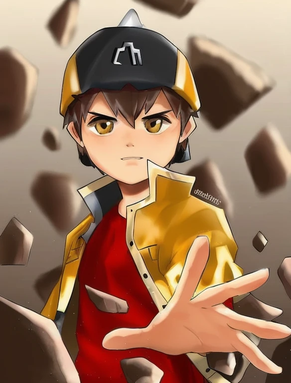 Handsome boy in a red shirt and yellow jacket throwing rocks,