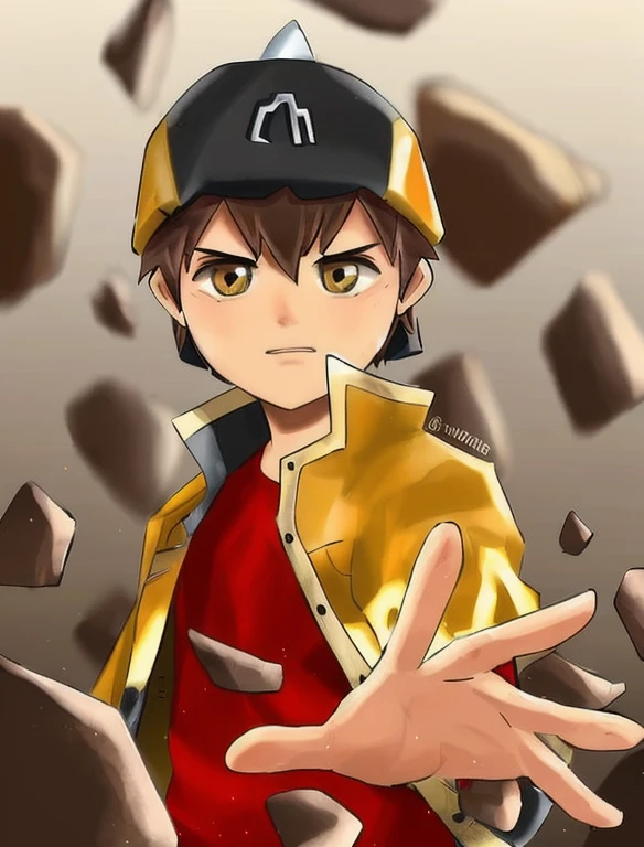 Handsome boy in a red shirt and yellow jacket throwing rocks,