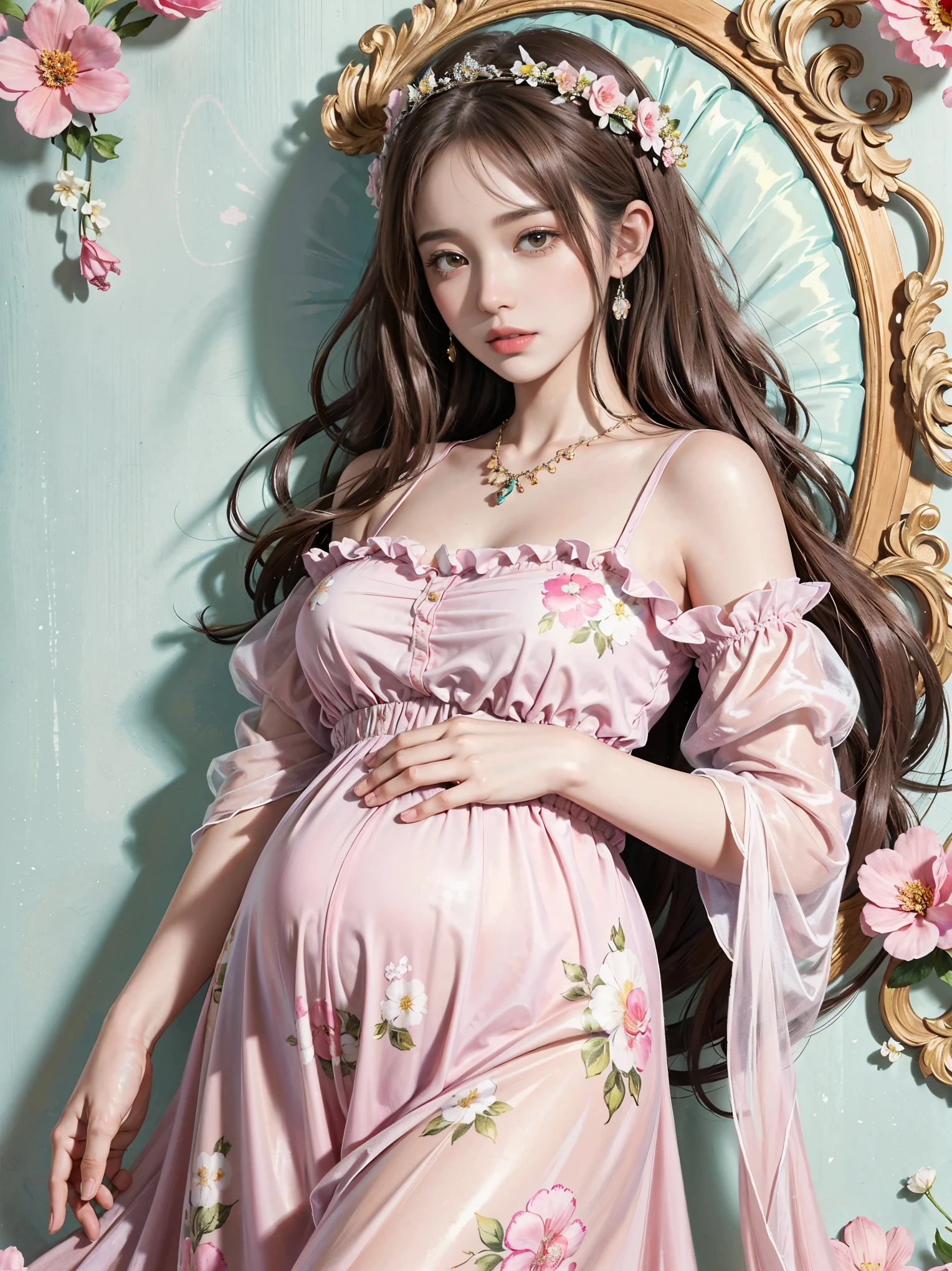 High quality, high resolution, masterpiece, and highly complete work of art. A beautifully rendered watercolor illustration of a pregnant woman with long, wavy brown hair, adorned with a delicate floral crown. The woman, dressed in a flowy, floral-patterned dress with shades of pink and white, tenderly cradles her belly, radiating anticipation for her baby's arrival. The scene is filled with magical elements, such as butterflies, hearts, and leaves, creating a serene and enchanting atmosphere. The predominantly white background enhances the vibrant colors of the woman's dress and floral elements, making them the focal point of this captivating piece., illustration, painting, vibrant, typography.