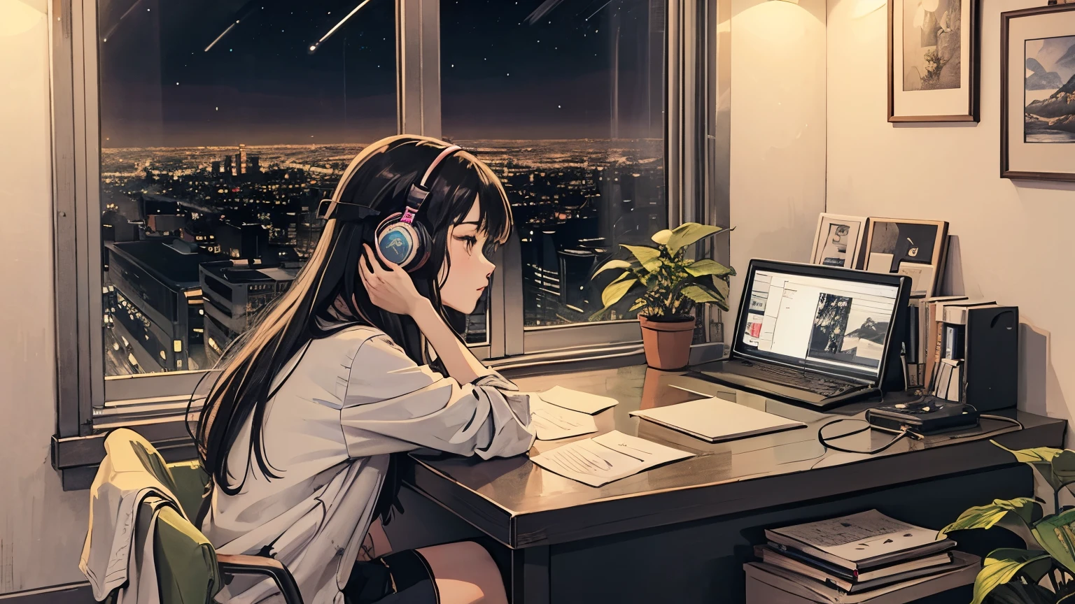 1 girl, 90s anime style, night, star, City apartment room、Girl wearing headphones, late night , Listening to music alone, City Pop, high quality,  綺麗なnight景、Lo-Fi, Chill, late night,都会のnight景、Stylish single room、Foliage plant、 futuristic night view outside the window, 