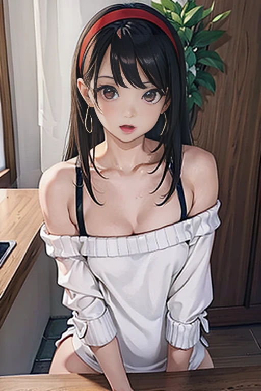 masterpiece, yor, 1girl, Bust A Cup, Amazing Cleavage:1.0, thin waist, big ass, Raised sexy, small breast: 1.2 posed cleavage:1.2、solo, looking at viewer, open mouth, have a cute grass of cute beergrass,black hair, red eyes, dress, bare shoulders, jewelry, collarbone, sidelocks, hairband, earrings, indoors, off shoulder, :o, sweater, arms behind back, plant, short hair with long locks, white hairband, off-shoulder dress, sweater dress, off-shoulder sweater, red sweater, big side hair, very long side hair,is rendered in (masterpiece: 1.2, best quality), with (ultra high resolution) and an exquisite (depth of field). This masterpiece is not only visually stunning but also tells,A scene of cooking in the kitchen
