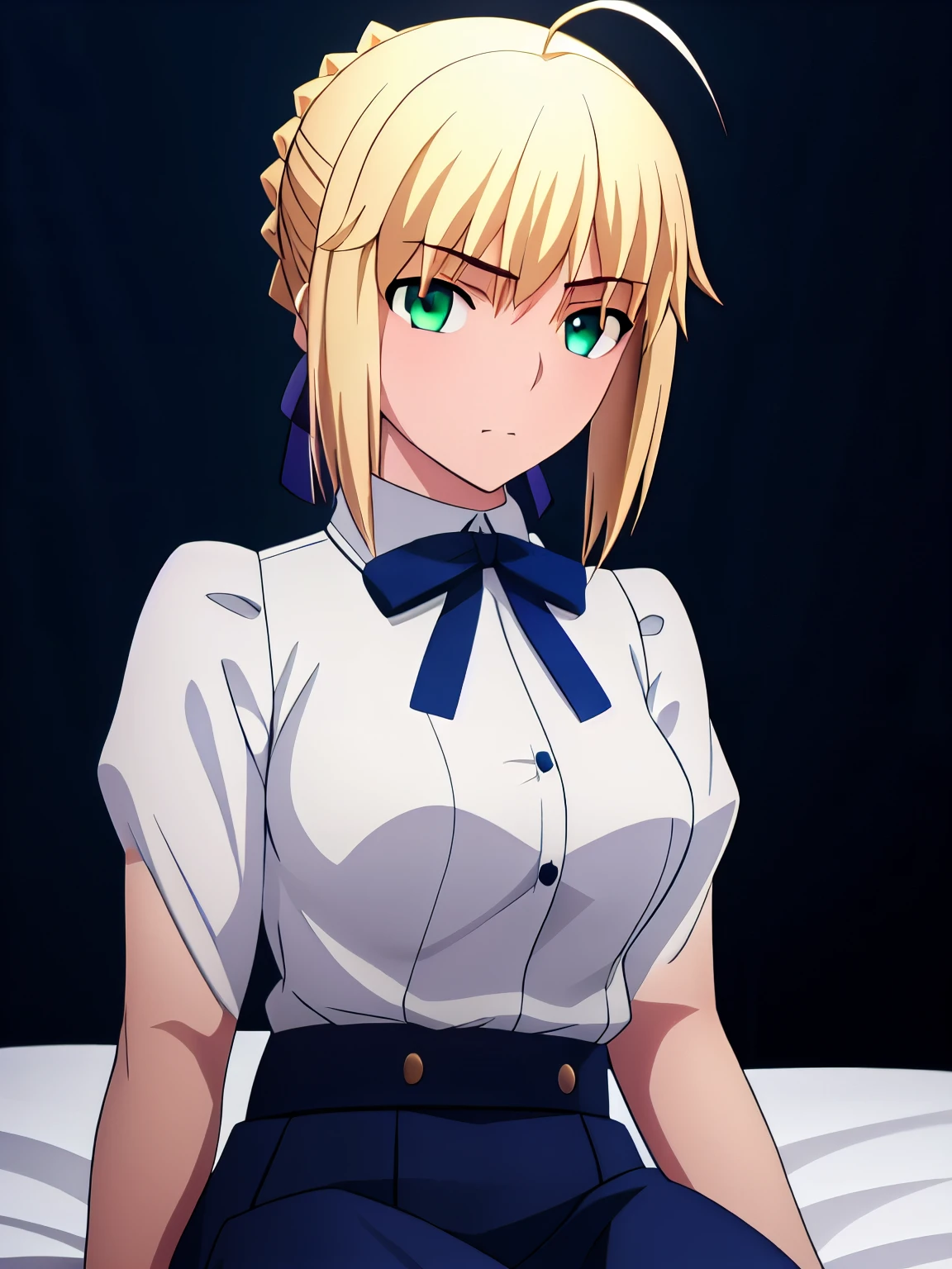 Best_quality, masterpiece, highres, detailed, detailed_background, ray_tracing_graphic, solo, adult_female, {saber_fatestaynightufotable:1.15}, blonde_hair, little_ahoge, detailed_green_eyes, blue_ribbon, 1girl, anime_coloring, detailed_face, kuudere_face, five_fingers, blush, large_breasts, casual_white_shirt, blue_skirt, from_the_front, sit, bed, dark_room, night_time, looking_at_viewer, oily_skin, detailed_skin, detailed_texture