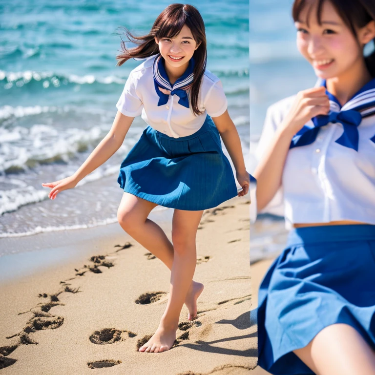 CG, Unity, 8k, wallpaper, highest quality, masterpiece, One girl, Cheerful girl, 17 years old, amami haruka, Idol Pose, (Bright smile: 1.2), White Sailor Suit, (Blue Collar, Blue Skirt: 1.3), Short sleeve, barefoot, Best lighting, Complex pupil, Complex weaving, Detailed Background, At the Beach, Low - Angle