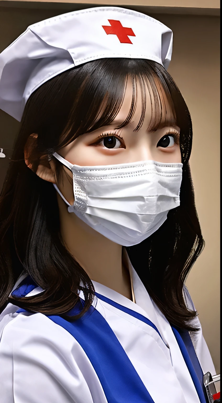 A girl dressed as a nurse,Beautiful fine details,Beautiful lip detail,Highly detailed face,Detailed masks,kind and considerate expressions,White Uniform,Blue cross symbol,Medical Cap,Holding a stethoscope and a clipboard,Moderate:oil,Super detailed,highest quality,Realistic colors,Soft lighting