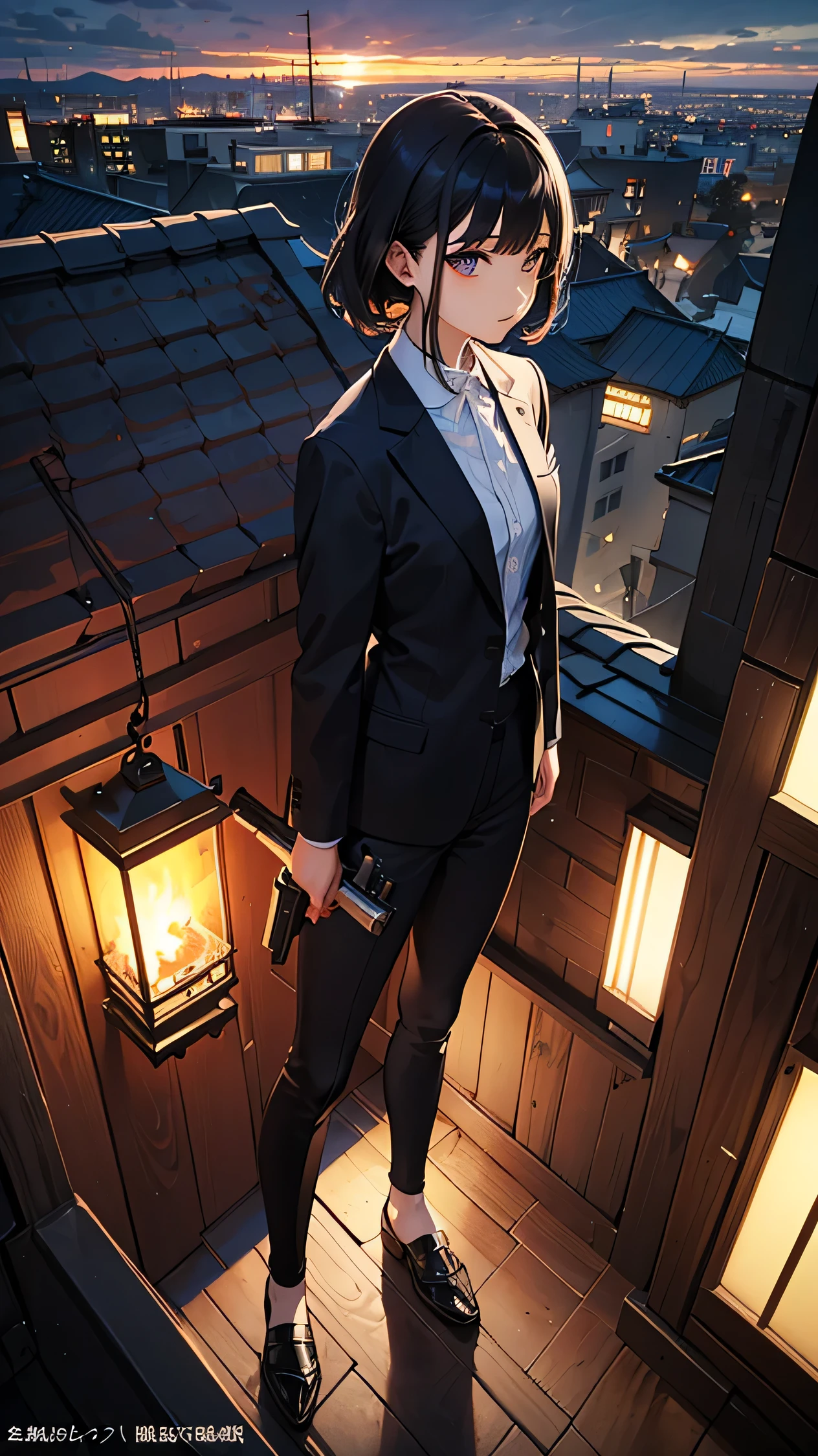 (Official Art、highest quality、Unity 8K Wallpaper、32k、masterpiece、Ultra-detailed、超A high resolution、Realistic、Photorealistic:1.2)、(Cinema Lighting:1.2)、Fire Glow Effect、Film Grain、Best Shadow、Rim Light、Side light、Side Shot、(Highly detailed and intricate 3D rendering)、Beautiful face and eyes in every detail、Sharp pupils、Realistic students、Slender、1men and women、Medium Bust、(whole body:1.2)、 Highly detailed background、Beautiful Face、、(Highly detailed skin、Detailed skin texture:1.3)、Black Hair、Blunt bangs、Brown eyes、Woman in her 20s、Hitman、Taisho period、Mechanical civilization、He has a gun、Eye highlights are gone、Fusion of suits and Japanese clothing、(Thighs Thighs Thighs Thighs:0.8)、、(City of night、On the roof of a building:1.4)、)、(avert your eyes、Overlooking the city:1.3
