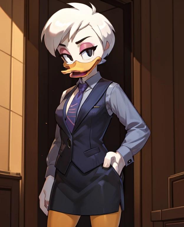 (ducktales:1.2) (ducktales:1.2) (by kyurisawa:1.2) (by chelodoy:1) (by ashraely:1) BREAK daisy duck, beak, white skin, white body, white hair, short hair, female, breasts, orange legs,  clothed, clothing, mouth closed, eyeliner, pink eyeshadow, black eyebrows, black eyes, inside, mansion, night (tired:1.3) looking at viewer, skirt suit, (((three-piece suit))), (((necktie))), blazer, (((suit jacket))), (((suit shirt))), (((dress shirt))), (((waistcoat))), double-breasted waistcoat, bodycon miniskirt, pencil skirt, hand on hip, open mouth, tongue, spread legs, lace panties, bottom up view, upskirt view 