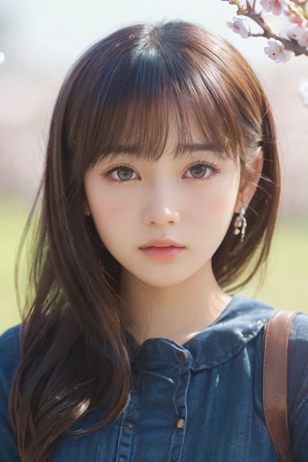 ((8K、Super detailed、highest quality))、(((beautiful girl)))、19 years old、Japanese、cute、bangs、(Depth of written boundary、Ultra-realistic:1.2)、(UHD、Realistic Textured Skin、Anatomically correct:1.3)、(super beautiful:1.5)、gravure、looking at the camera、Hokkaido、spring