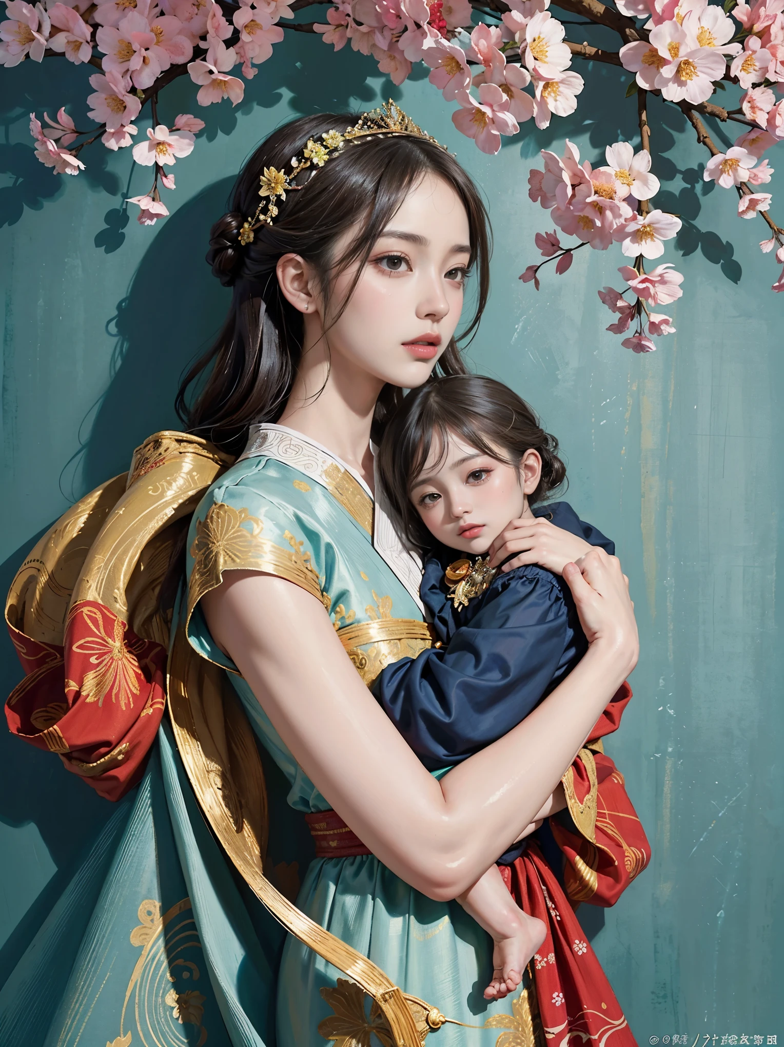 High quality, high resolution, masterpiece, and highly complete work of art. An exquisite Mother's Day invitation poster that masterfully blends photography, painting, and illustration techniques. captivating portrait of a sophisticated Israeli mother, Virgen Mary, elegantly dressed and cradling baby Jesus. Her portrait, adorned with striking colors, harmoniously blends with the intricately detailed painting of the  and the lush, vibrant garden teeming with life and a symphony of flowers and foliage. The background features a dynamic, cinematic composition that is visually breathtaking and unforgettable. The exceptional typography enhances the overall impact of this unique piece, which artfully fuses various art forms, including architecture, portrait, fashion, portrait photography, conceptual art, painting, ukiyo-e, and illustration. The result is a harmonious, visually stunning poster that showcases the beauty of motherhood, painting, illustration, vibrant, typography, fashion, cinematic, portrait photography, conceptual art, architecture, anime, ukiyo-e, poster.