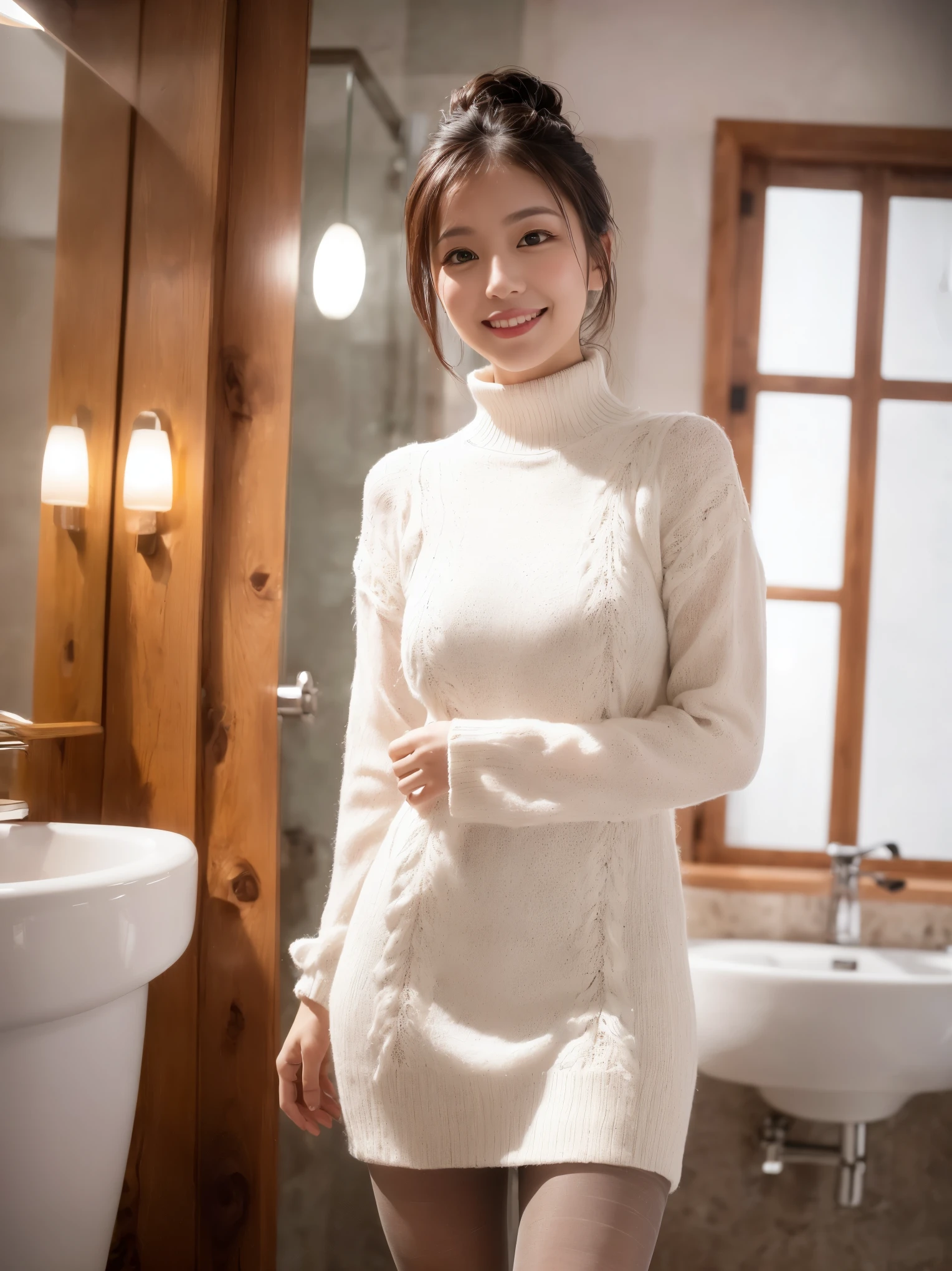 (((masterpiece))), (((highest quality: 1.4))), ((Super Detail: 1.4)) ,ulzzang-6500-v1.1, (Raw photo:1.2), (Photorealistic), (Mastepiece:1.3), (Genuine:1.4), (Full Body Shot:1.2), cute, (cute 1girl:1.35, 20-year-old), realism, (High resolution), ((Chiaroscuro, ray tracing lighting)), ((highest qualityのリアルな質感のスキン)),((highest qualityのリアルな質感の髪)), ((The most absurd quality: perfect body)), ((Small Head:1.3)), slim and muscular body, ((Perfect balance)), ((Anatomically correct)), ((Perfect Dynamic Posture, Super K-Pop Idols)), ((Highly detailed beautiful slim round face:1.3)), Light pale complexion, ((Highly detailed, clear and sharp perfect round realistic eyes:1.2)), Detailed pupils, Best detailed lips, ((Perfect Professional Delicate Everyday Makeup)), ((Wearing a loose, fluffy white knit dress:1.3)), ((Ultra-realistic pantyhose:1.3)), Skirt and thighs、A close-up of her face, (背景には建築のmasterpiece, Victorian bathroom features modern nautical accents:1.25), ((A radiant smile, Happy atmosphere)), ((Perfect subtle everyday makeup)),