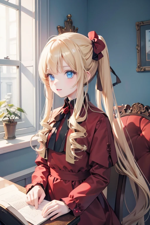 masterpiece, highest quality, High resolution, 1 8--old l、blue eyes、
blonde、Long Straight Hair、Crimson Dress、Fantastic Background