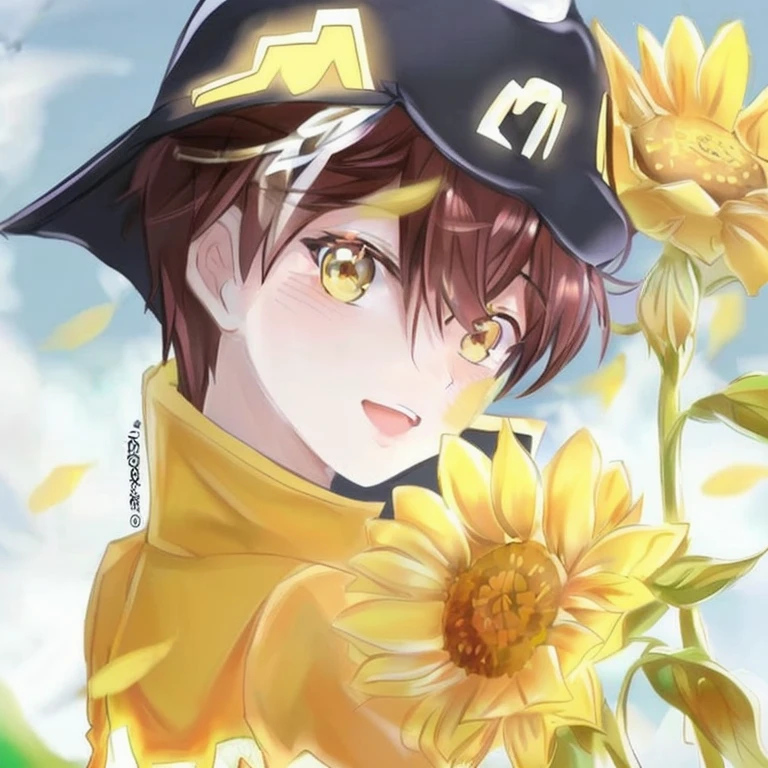 Handsome boy with sunflower in hand and hat on, beautiful sunflower anime girl,