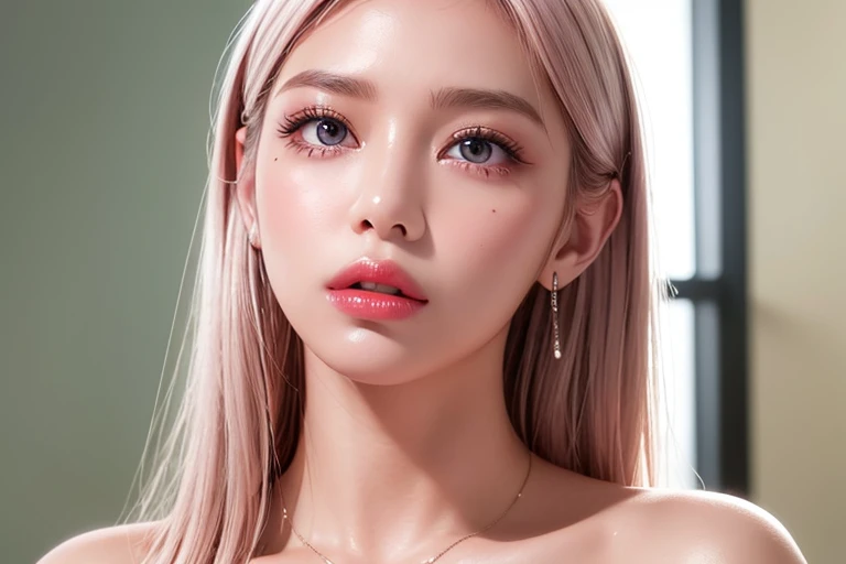 Ultra realistic, open shot, best quality, dream aesthetic (blurry in cinematic vibrant light), hot atmosphere, show all, ultra-detailed, fine details, high resolution (wide image), Perfect dynamic composition, illuminated pale skin, perfect shading, beautiful (realistic) detailed clear eyes, naked, hot belly, thick legs, pantyhose, pale-pink hair, medium (silky) silver hair, natural big breasts (nude), Natural Color Lip, face with pleasure and fatigue expression, Random and sensual poses, bedroom (background unfocused)、20 year old、dream atmosphere 