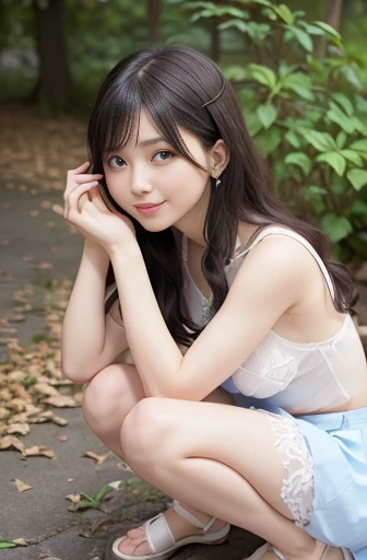 a lot of details, (slender waist), 30 years old, detailed black hair, beautiful detailed hair, super fucking beautiful, complex details beautiful and delicate eyes, perfect hands, (small breasts best quality), perfect and delicate limbs, detailed skin, best quality, ultra-detailed,
full body, look up, squatting, legs spread,long wavy curly hair, full-face blush, smiling,(white Tulle skirt), (light blue panties), fluttered fallen leaves,