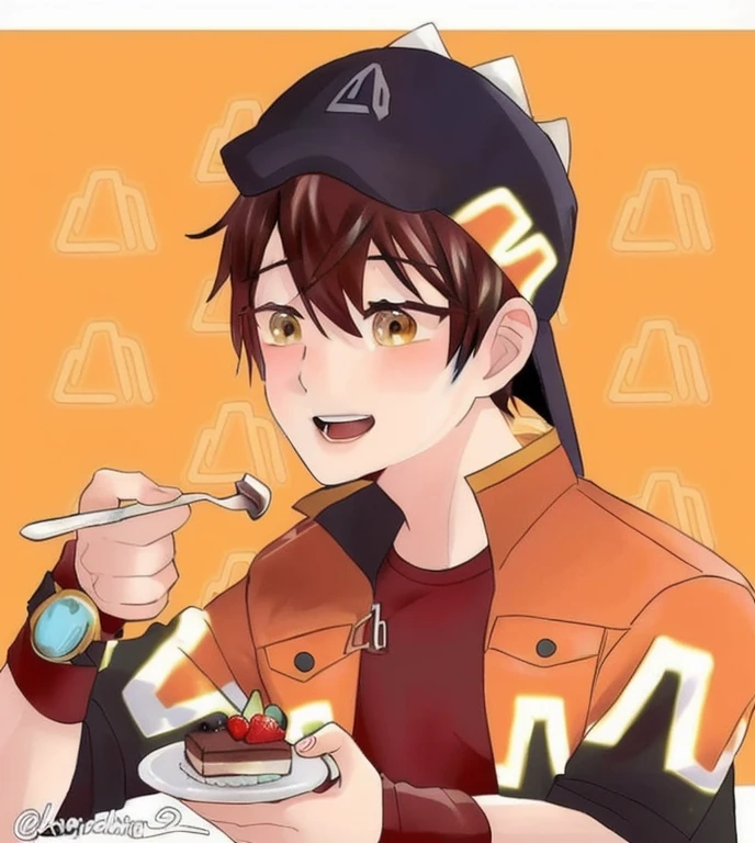 Handsome boy eating a piece of cake with a spoon and fork,