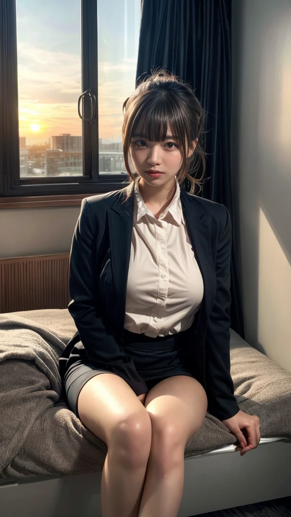 muste piece, best quality, illustration, Super detailed, fine details, High resolution, 8K,wall paper, perfect dynamic composition,(Details High quality, realistic depiction of eyes:1.3), Office Lady, ,Suit,Collared shirt, Black Suit,Black jacket, updo, huge breasts, black hair color, Big Natural Color Lip, bold sexy pose, crying a little、cold gaze, Harajuku style、20 year old girl、cute type、ta、beautiful legs, hotel room, full body photo、focus on crotch, hposing Gravure Idol, Sexy shot looking at camera, Sunset, by the window, Summer, make up, Curve