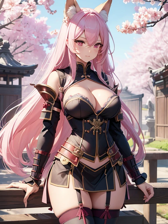 The art of math, 4k/8K, Solitary, role play, fantasy, warrior girl, very long pink hair, pink eyes, female fox, aldult, Mature, (((Large Breasts、Low-cut，Cleavage, Wide hips,)))Long legs , Sexy body, Fox ears, Fox Tail, Decide, heroic, Intricate samurai armor, sexy armor, Sophisticated mini skirt, Cherry Blossom Tree Scenery, Complex stockings