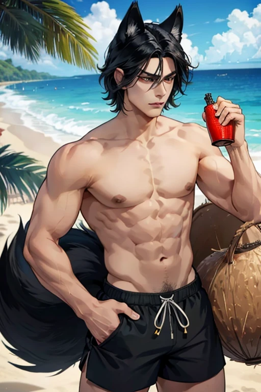 A muscular black haired man with golden eyes and black fox ears and a black fox tail in swim trunks is holding a coconut a the beach