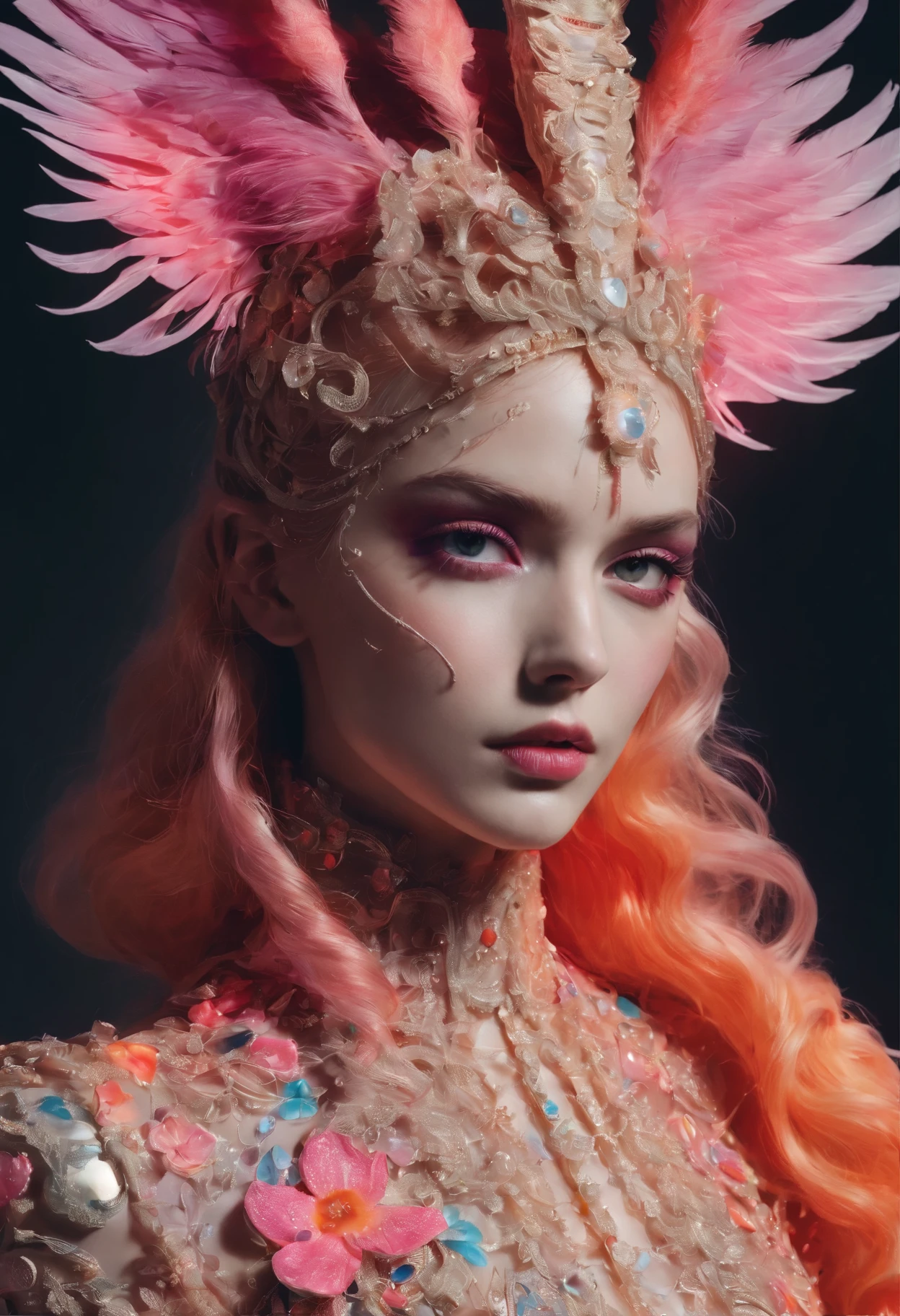 In a strikingly evocative composition, a mythopoeic creature, bathed in neon lights and adorned in high fashion, resonates with an otherworldly vibrancy. This captivating image, captured in a lomographic photograph, showcases a resplendent being that exudes an intoxicating blend of enchantment and fashion-forward elegance. Every nuanced detail is meticulously highlighted, from the exquisite embellishments on the creature's intricate attire to the mesmerizing neon glow that seems to pulsate with a life of its own. The image radiates a sense of artistic mastery, serving as a testament to the skilled craftsmanship and impeccable vision of the photographer.