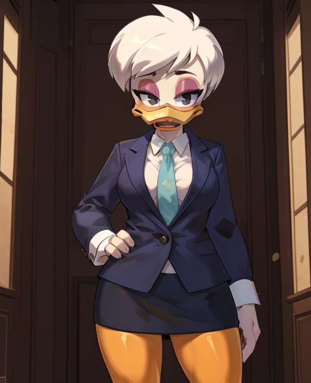 (ducktales:1.2) (ducktales:1.2) (by kyurisawa:1.2) (by chelodoy:1) (by ashraely:1) BREAK daisy duck, beak, white skin, white body, white hair, short hair, female, breasts, orange legs,  clothed, clothing, mouth closed, eyeliner, pink eyeshadow, black eyebrows, black eyes, inside, mansion, night (tired:1.3) looking at viewer, skirt suit, (((three-piece suit))), (((necktie))), blazer, (((suit jacket))), (((suit shirt))), (((dress shirt))), (((waistcoat))), double-breasted waistcoat, bodycon miniskirt, pencil skirt, hand on hip, open mouth, tongue, spread legs, lace panties, bottom up view, upskirt view , skirt lift, shy