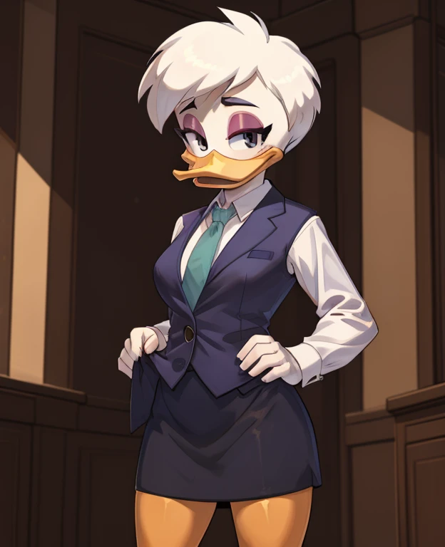 (ducktales:1.2) (ducktales:1.2) (by kyurisawa:1.2) (by chelodoy:1) (by ashraely:1) BREAK daisy duck, beak, white skin, white body, white hair, short hair, female, breasts, orange legs,  clothed, clothing, mouth closed, eyeliner, pink eyeshadow, black eyebrows, black eyes, inside, mansion, night (tired:1.3) looking at viewer, skirt suit, (((three-piece suit))), (((necktie))), blazer, (((suit jacket))), (((suit shirt))), (((dress shirt))), (((waistcoat))), double-breasted waistcoat, bodycon miniskirt, pencil skirt, hand on hip, open mouth, tongue, spread legs, lace panties, bottom up view, upskirt view , skirt lift, shy