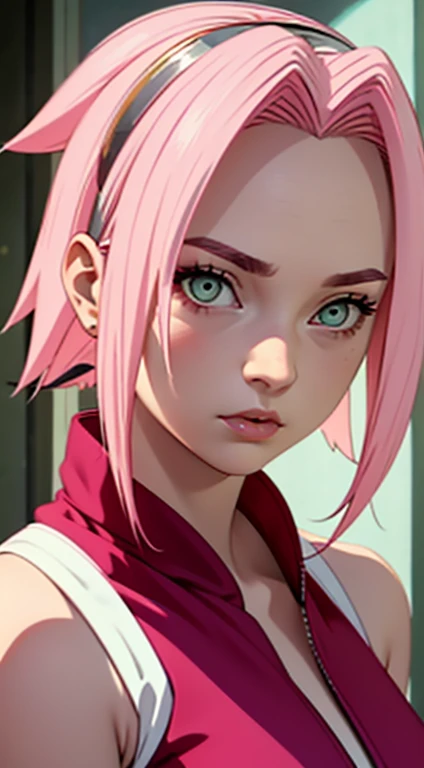 young woman, white skin, long bubblegum pink hair, red headband, wide forehead, pink eyebrows, large emerald green eyes, buttoned nose, thick red lips, heart-shaped face, low-cut gold dress, small breasts, high detail, sharp focus , Sakura Haruno, realistic, realism, 3d