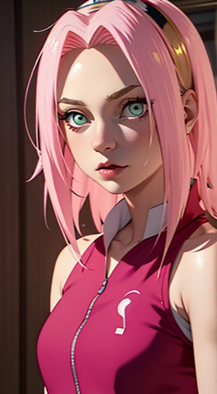 young woman, white skin, long bubblegum pink hair, red headband, wide forehead, pink eyebrows, large emerald green eyes, buttoned nose, thick red lips, heart-shaped face, low-cut gold dress, small breasts, high detail, sharp focus , Sakura Haruno, realistic, realism, 3d