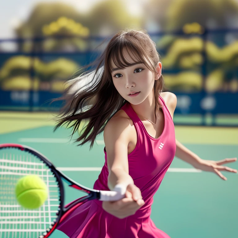 Photo-realistic quality、Playing tennis 20Cute idol of the year、on a tennis court, a girl Playing tennis, White tennis wear, Slightly larger breasts、Playing tennis, The moment the ball hits the racket on a forehand、Watch the ball、Yellow tennis ball