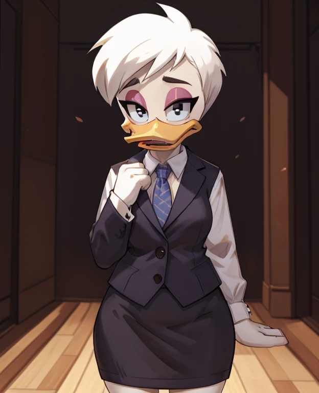 (ducktales:1.2) (ducktales:1.2) (by kyurisawa:1.2) (by chelodoy:1) (by ashraely:1) BREAK daisy duck, beak, white skin, white body, white hair, short hair, female, breasts, orange legs,  clothed, clothing, mouth closed, eyeliner, pink eyeshadow, black eyebrows, black eyes, inside, mansion, night (tired:1.3) looking at viewer, skirt suit, (((three-piece suit))), (((necktie))), blazer, (((suit jacket))), (((suit shirt))), (((dress shirt))), (((waistcoat))), double-breasted waistcoat, bodycon miniskirt, pencil skirt, hand on hip, open mouth, tongue, spread legs, lace panties, bottom up view, upskirt view , skirt lift, shy, cameltoe, sitting 