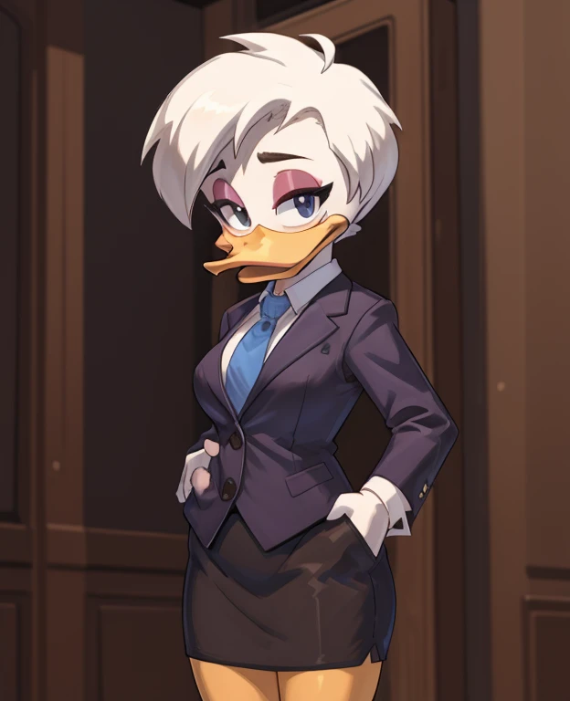 (ducktales:1.2) (ducktales:1.2) (by kyurisawa:1.2) (by chelodoy:1) (by ashraely:1) BREAK daisy duck, beak, white skin, white body, white hair, short hair, female, breasts, orange legs,  clothed, clothing, mouth closed, eyeliner, pink eyeshadow, black eyebrows, black eyes, inside, mansion, night (tired:1.3) looking at viewer, skirt suit, (((three-piece suit))), (((necktie))), blazer, (((suit jacket))), (((suit shirt))), (((dress shirt))), (((waistcoat))), double-breasted waistcoat, bodycon miniskirt, pencil skirt, hand on hip, open mouth, tongue, spread legs, lace panties, bottom up view, upskirt view , skirt lift, shy, cameltoe, sitting 