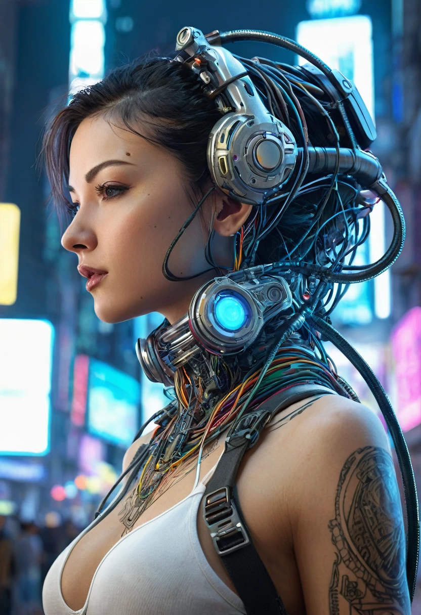 ((extremely delicate and beautiful cybernetic girl)), ((mechanical limblood vessels connected to tubeechanical vertebrae), ((mechanical cervical attaching to neck)), (wires and cables attaching to neck:1.2), ((mass of wires and cables on head)), (character focus), (((dynamic pose))), ((cowboy shot)), (masterpiece), (((best quality))), ((ultra-detailed)), (highly detailed photorealistic CG illustration), cinematic lighting, science fiction, extremely detailed,colorful,highest detail, (((cyberpunk city background))), tattoos,