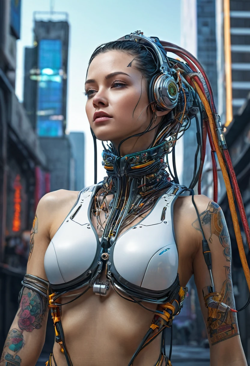 ((extremely delicate and beautiful cybernetic girl)), ((mechanical limblood vessels connected to tubeechanical vertebrae), ((mechanical cervical attaching to neck)), (wires and cables attaching to neck:1.2), ((mass of wires and cables on head)),  (character focus), (((dynamic pose))), ((cowboy shot)), (masterpiece), (((best quality))), ((ultra-detailed)), (highly detailed photorealistic CG illustration), cinematic lighting, science fiction, extremely detailed,colorful,highest detail, (((cyberpunk city background))), tattoos,