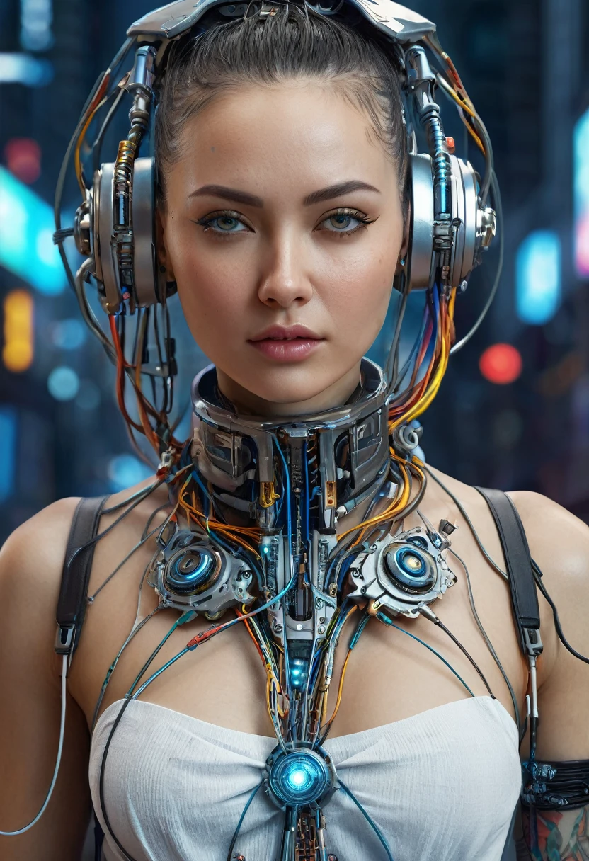 ((extremely delicate and beautiful cybernetic girl)), ((mechanical limblood vessels connected to tubeechanical vertebrae), ((mechanical cervical attaching to neck)), (wires and cables attaching to neck:1.2), ((mass of wires and cables on head)), (character focus), (((dynamic pose))), ((cowboy shot)), (masterpiece), (((best quality))), ((ultra-detailed)), (highly detailed photorealistic CG illustration), cinematic lighting, science fiction, extremely detailed,colorful,highest detail, (((cyberpunk city background))), tattoos,