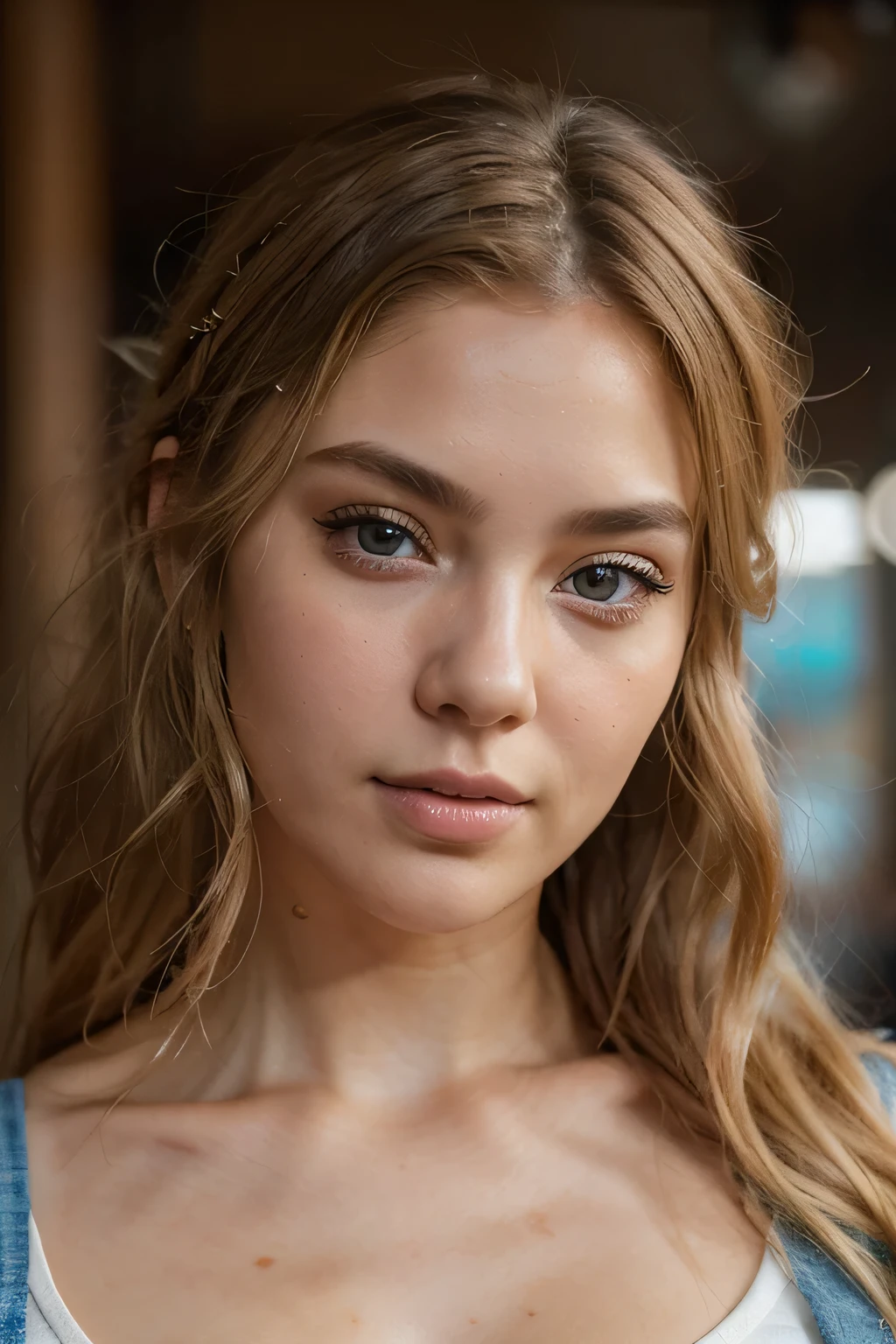 Raw, gritty, candid close-up portrait of a beautiful young woman in her 20s ,outfit casual,,with striking features like full lips, high cheekbones, and a playful expression. She has a mixed Danish and Korean heritage, with a busty figure and very tall, athletic build. Her long, curly blonde hair has and an undercut. eye colour blue Her skin has realistic texture, including flaws, and a boho-chic style. Shot with a Sony Alpha A6500 at 1.4f, the image has a bokeh background and is highly detailed, with a masterpiece-like quality.