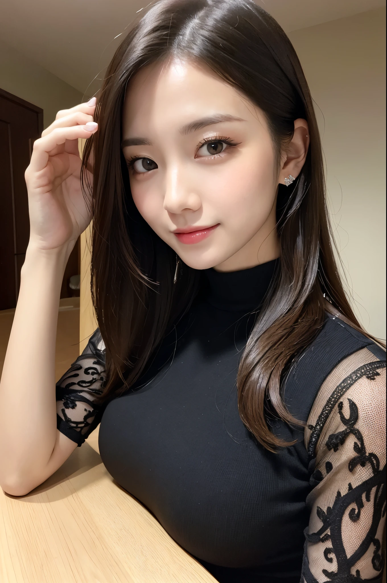On the table、best quality、Photorealism、Finely、high resolution、8wallpaper、Perfect dynamic posture、Beautiful slender eyes and long hair、(Big breasts 1.2)、casual sexy pose、Random situations、Selfie Angle,Looking at the camera,(Tight round neck black mesh lace shirt)、、Gentle smile、50 years old、(Perfect Eyes 1.3)、Mature adult beauties、Japanese、