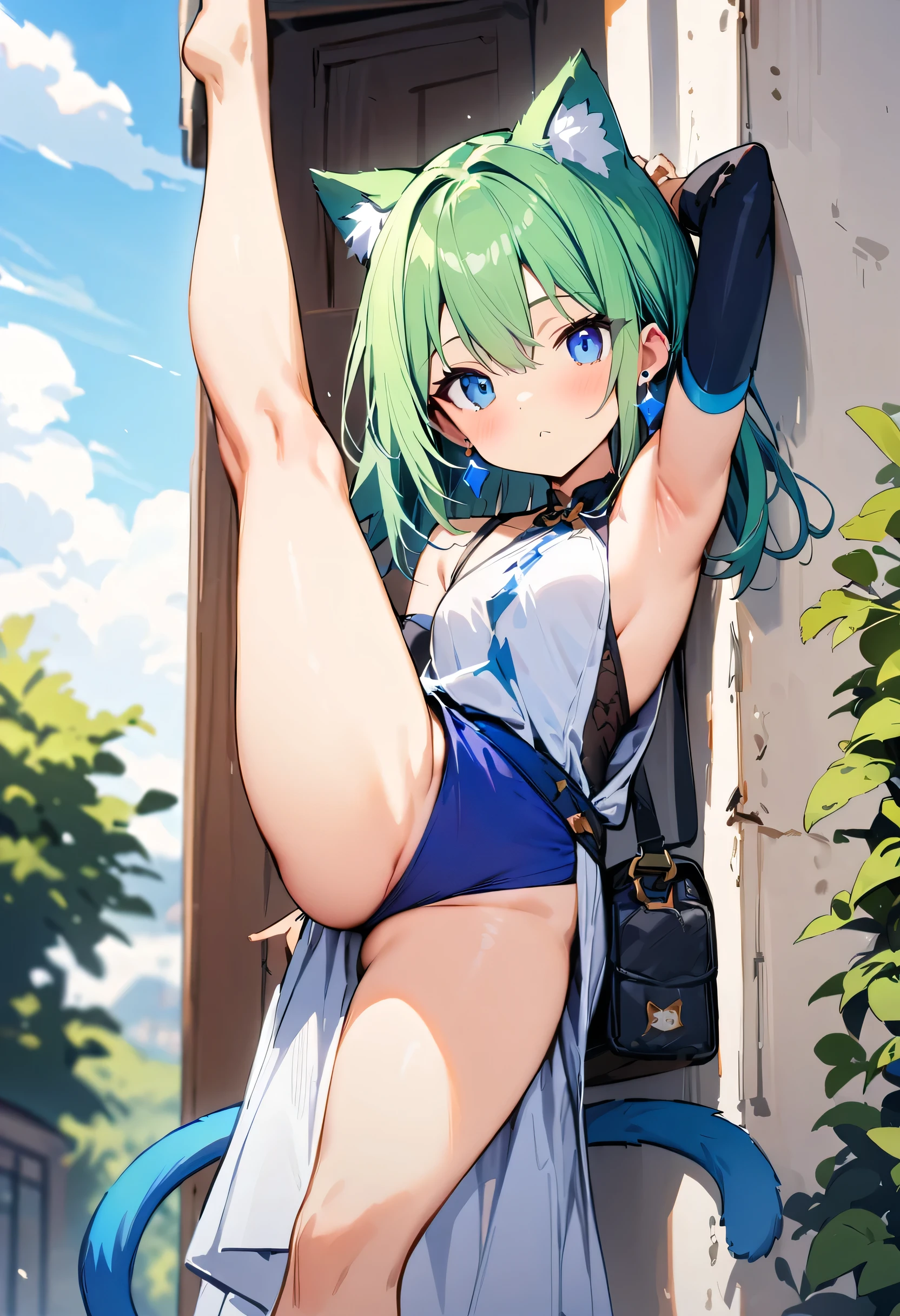 (masterpiece, highest quality:1.2), One girl, alone,Are standing_Split,1 girl, Deltamon_beta, alone, blue eyes, Knee-length, Animal ears, Exposing shoulders, Blue Tail, Earrings, Removable sleeve, Green Hair, Sleeveless, Cat ear, bag, white Knee-length, Cat&#39;s Tail, pでk backpack, pでk school bag,
