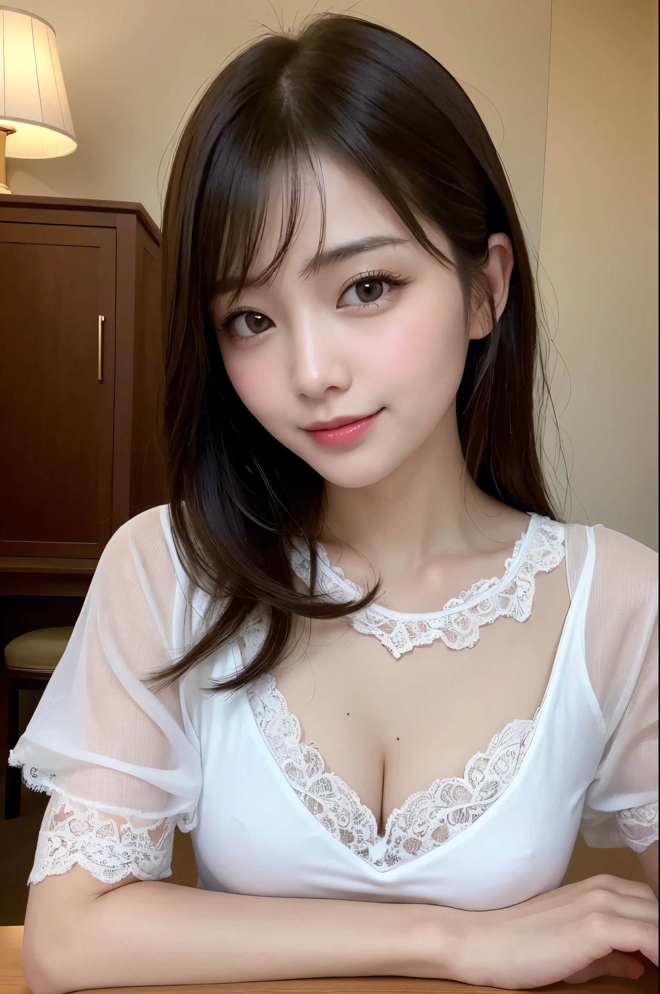 On the table、best quality、Photorealism、Finely、high resolution、8wallpaper、Perfect dynamic posture、Beautiful slender eyes and long hair、(Big breasts 1.2)、casual sexy pose、Random situations、Selfie Angle,Looking at the camera,(Tight round neck black mesh lace shirt)、、Gentle smile、50 years old、(Perfect Eyes 1.3)、Mature adult beauties、Japanese、