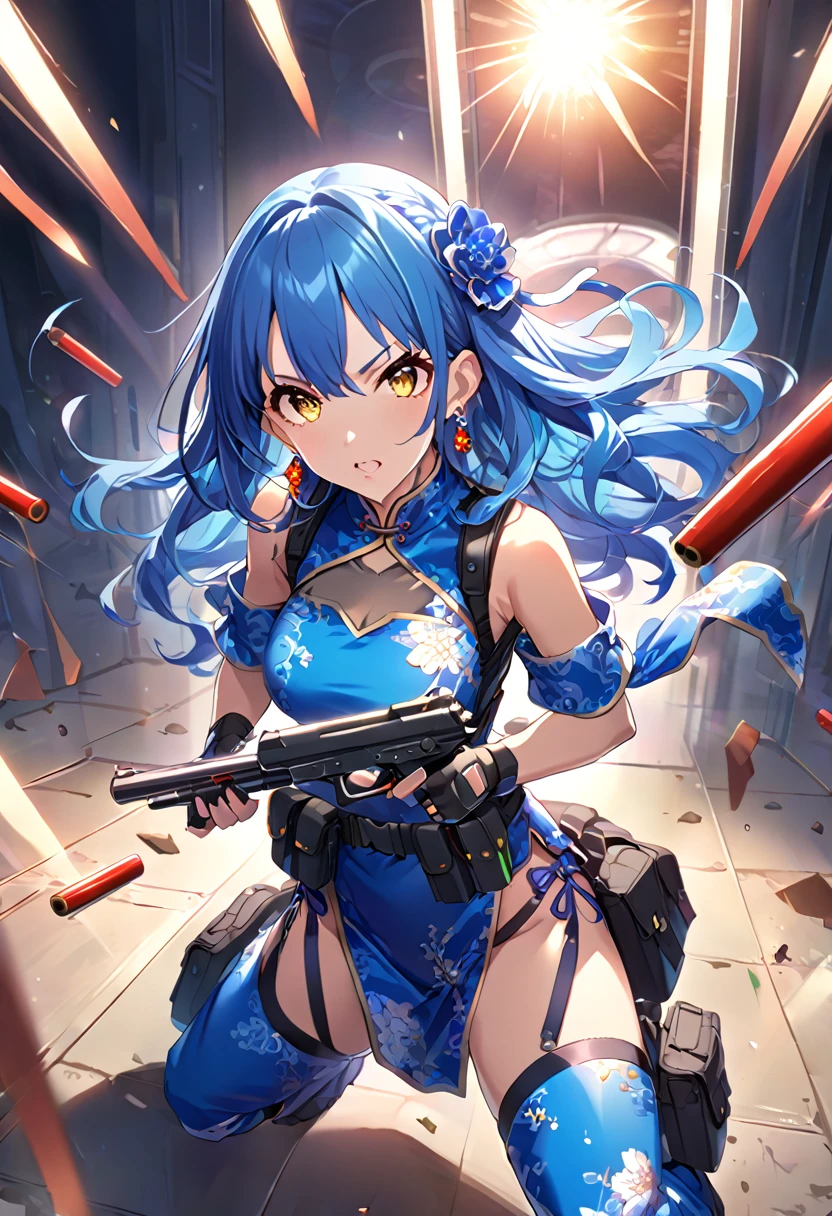 masterpiece、highest quality、Ultra-high resolution、Maximum resolution、Very detailed、Professional Lighting、anime、Adult female、thin、so beautiful、、China dress、Has a handgun、Hold a handgun with both hands、Yellow Eyes、Blue Hair、Long Wavy Hair、Earrings、Fingerless gloves、Tactical Boots、Equipped with transparent orange shooting glasses、Equipped with a chest rig、1 person on the battlefield、Acrobatic movements、Shoot a bullet at the target、Dual pistols、Blood sticks