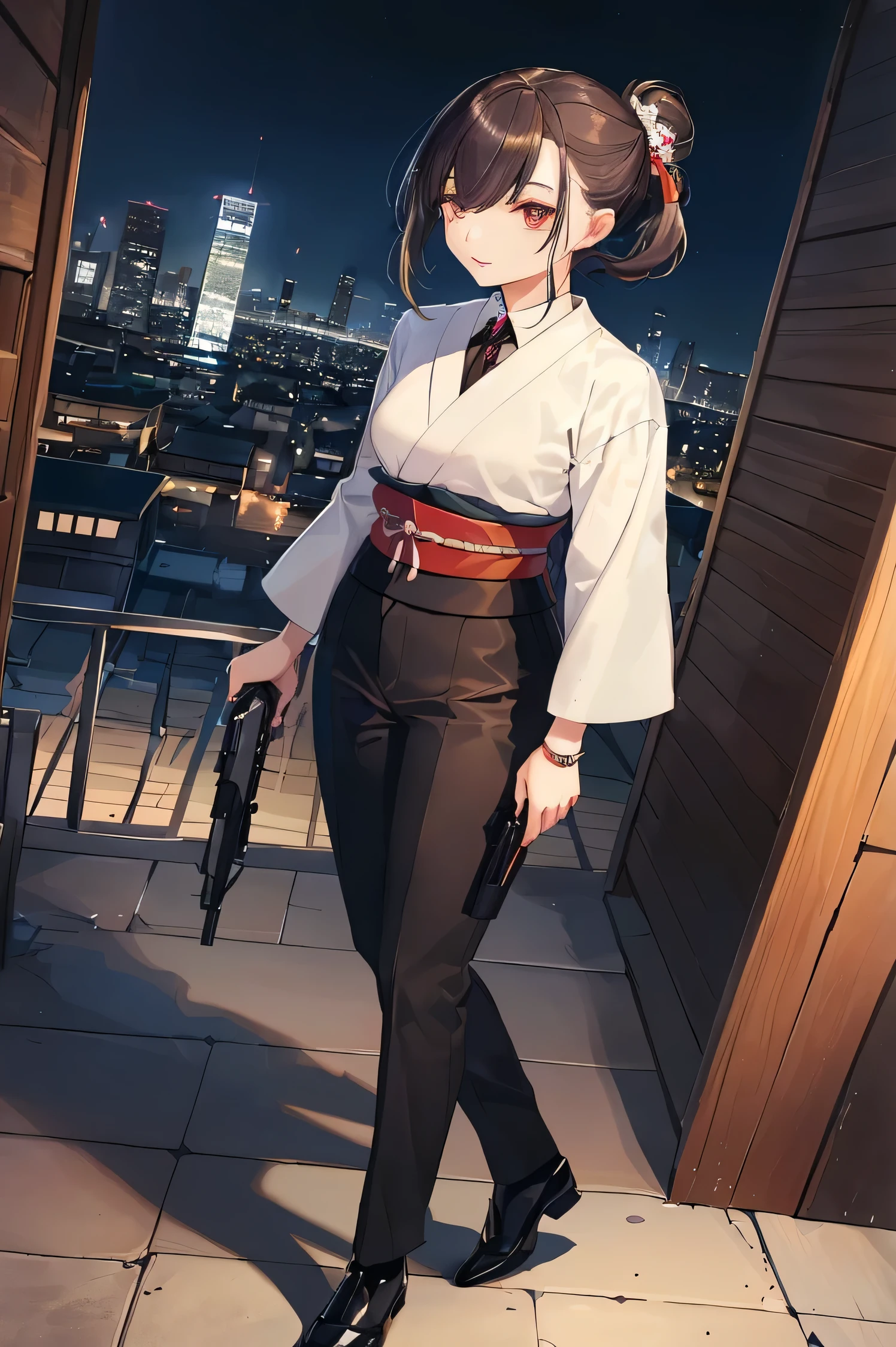 Woman in her 20s、Hitman、Taisho period、Mechanical civilization、He has a gun、Eye highlights are gone、Fusion of suits and Japanese clothing、City of night、Be on the roof、Looking Around