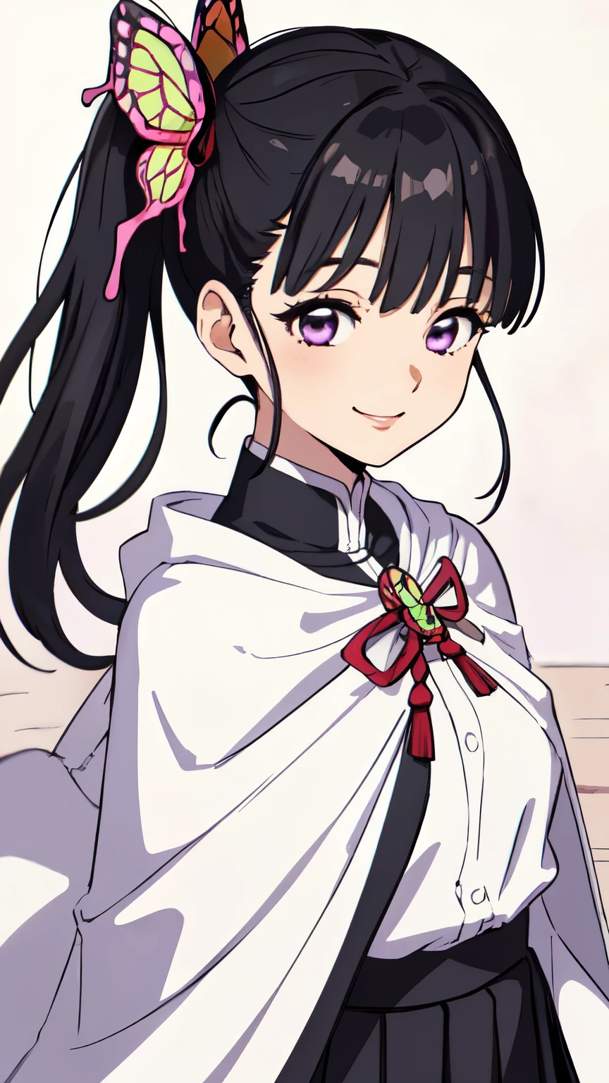 kanao tsuyuri, black hair, butterfly, butterfly hair ornament, (purple eyes:1.1), side ponytail, ponytail, 
black skirt, , pleated skirt, skirt, white cape,
(best quality, masterpiece, RAW photo,ultra-detailed:1.2), 1girl,solo,looking at viewer,smile